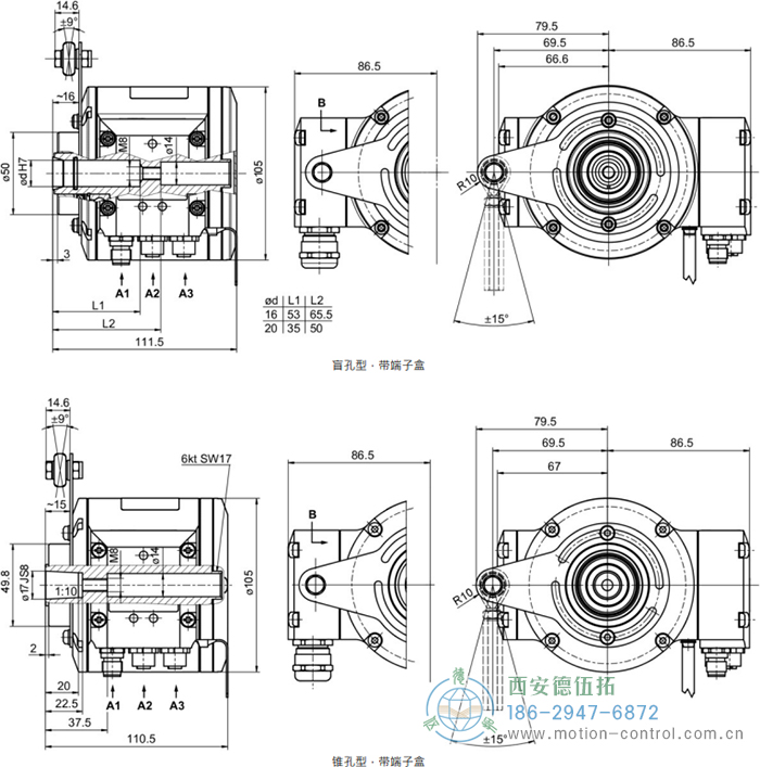 HMG10P-B - PROFINET绝对值重载编码器外形及安装尺寸(盲孔型或锥孔型) - 