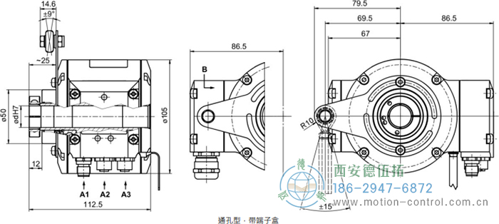 HMG10P-T - PROFINET绝对值重载编码器外形及安装尺寸(通孔型) - 